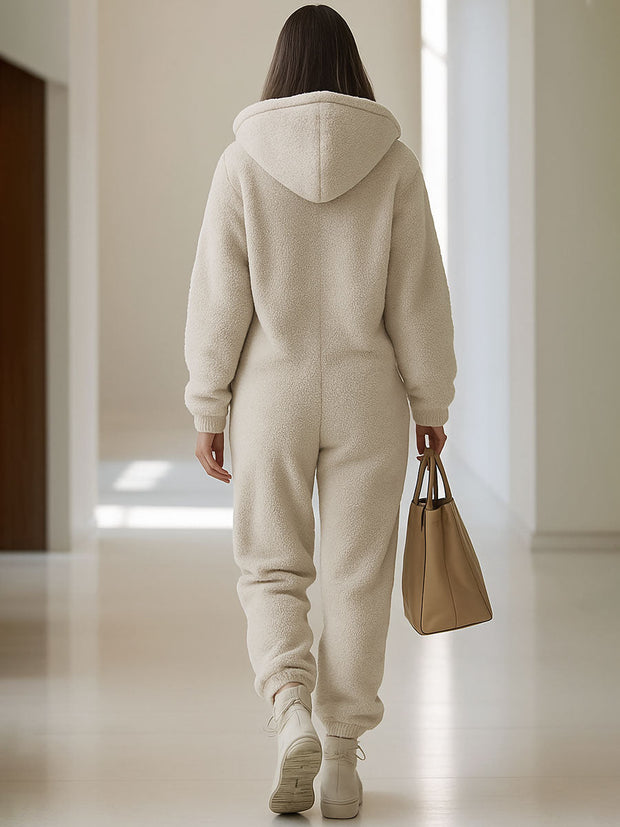 Lässiger weiter Vintage-Overall aus Polar-Fleece mit Tasche, Reißverschluss und Kapuze im modernen Stil