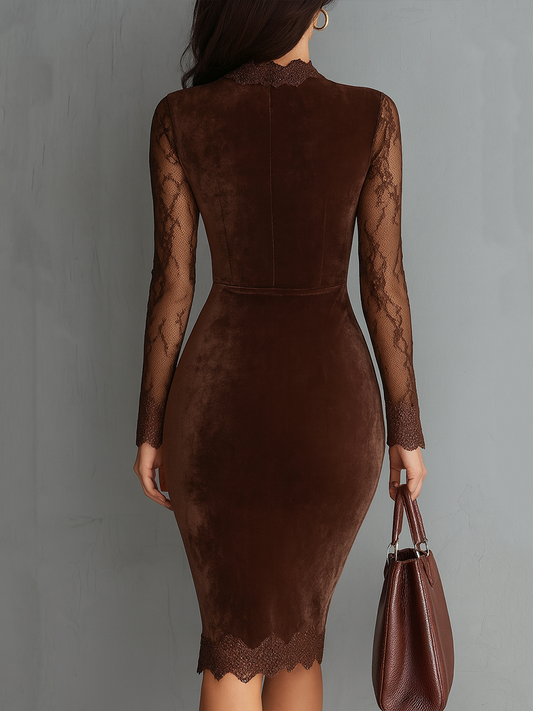 Vintage Samt-Kurzes Kleid mit Spitzenärmeln und Schlüssellochausschnitt
