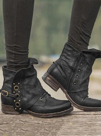 Vintage Nieten-Patch-Schnallen-Stiefeletten im modernen Stil
