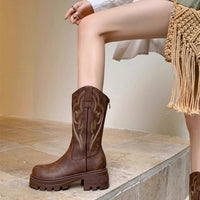 Retro weiche Lederstiefel mit dicker Sohle, vielseitig, mittelhoch im modernen Stil