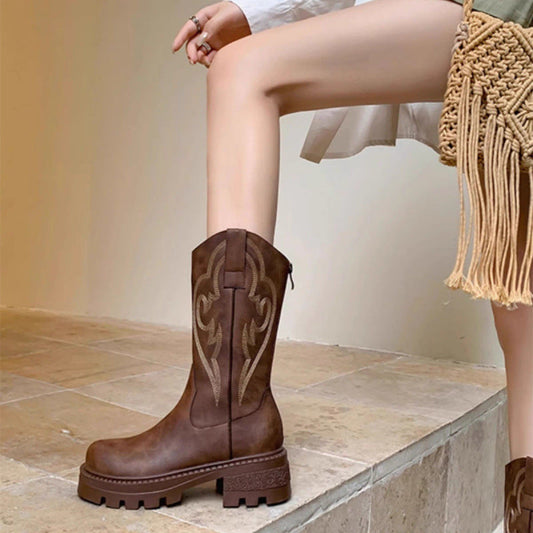 Retro weiche Lederstiefel mit dicker Sohle, vielseitig, mittelhoch im modernen Stil