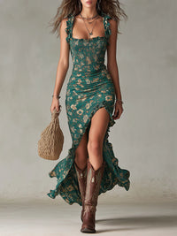 Bohemian grünes Maxikleid mit Rüschenärmeln und Muster
