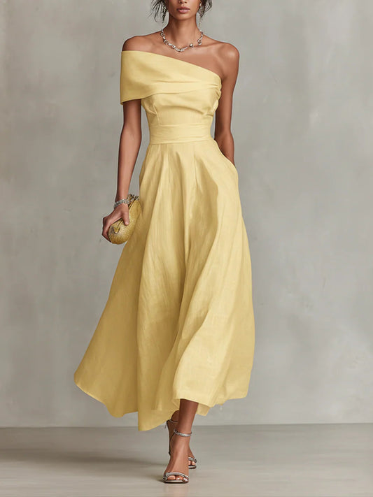 Gelbes Leinen-Maxikleid mit einer Schulter