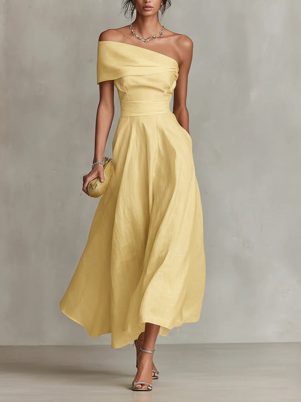 Gelbes Leinen-Maxikleid mit einer Schulter