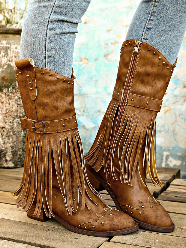 Retro Quasten Nietengürtel Ritterstiefel im modernen Stil