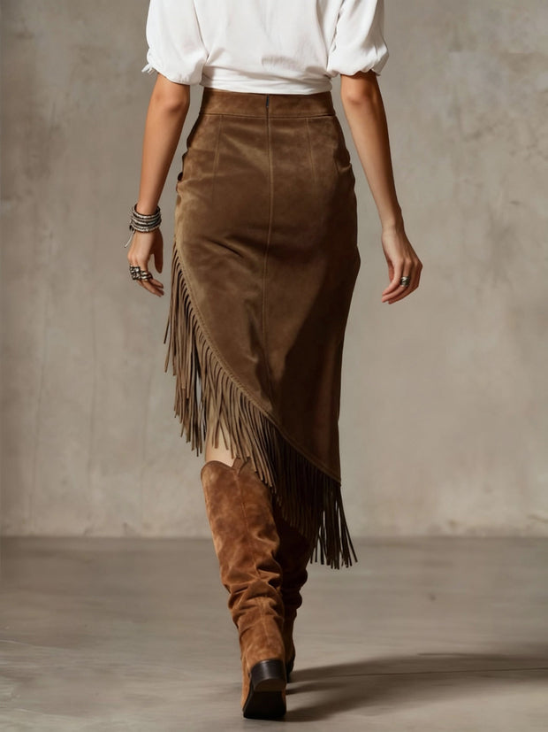 Retro Western Stil Unregelmäßig Gestalteter Wildlederrock mit Fransen im modernen Stil