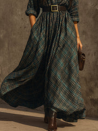 Retro kariertes Langes Kleid aus Baumwollmischung mit Gürtel und einreihiger Knopfleiste
