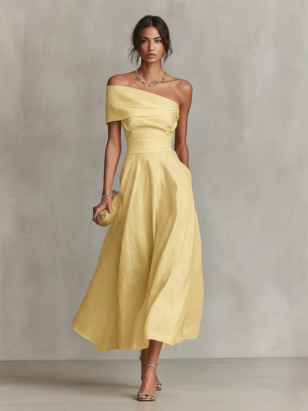 Gelbes Leinen-Maxikleid mit einer Schulter