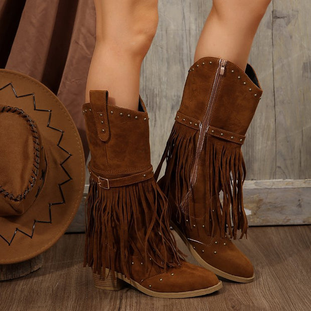 Retro Quasten Nietengürtel Ritterstiefel im modernen Stil