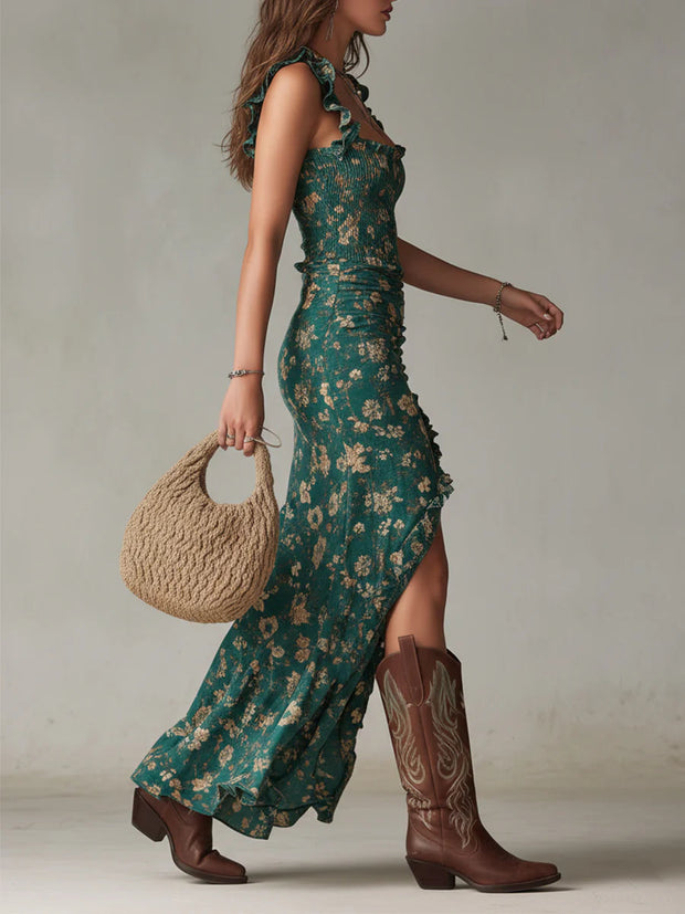 Bohemian grünes Maxikleid mit Rüschenärmeln und Muster