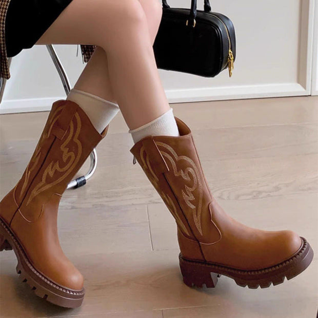 Retro weiche Lederstiefel mit dicker Sohle, vielseitig, mittelhoch im modernen Stil