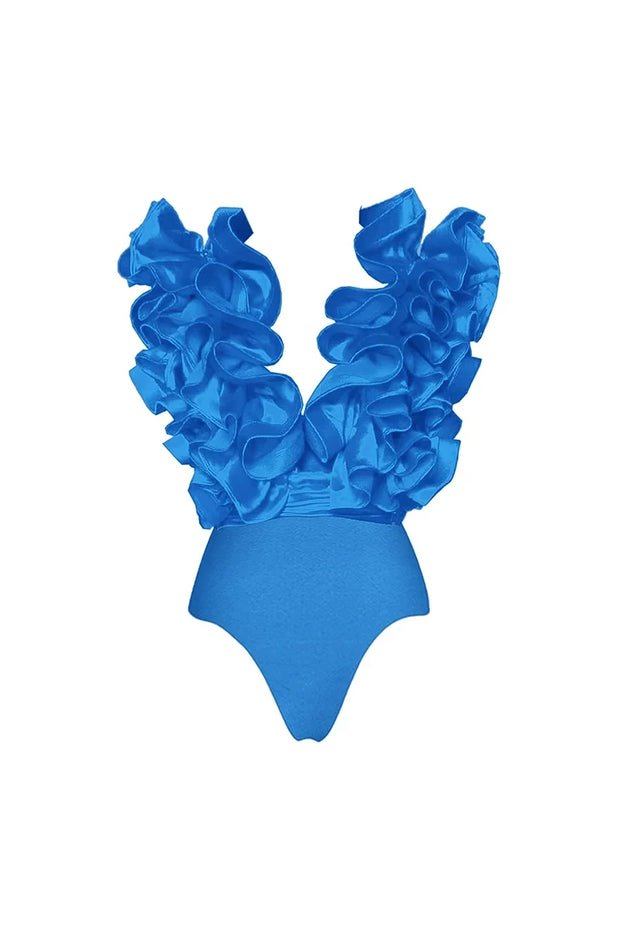 Spitzen-Badeanzug mit V-Neck in Blau