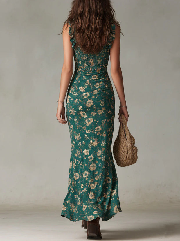 Bohemian grünes Maxikleid mit Rüschenärmeln und Muster