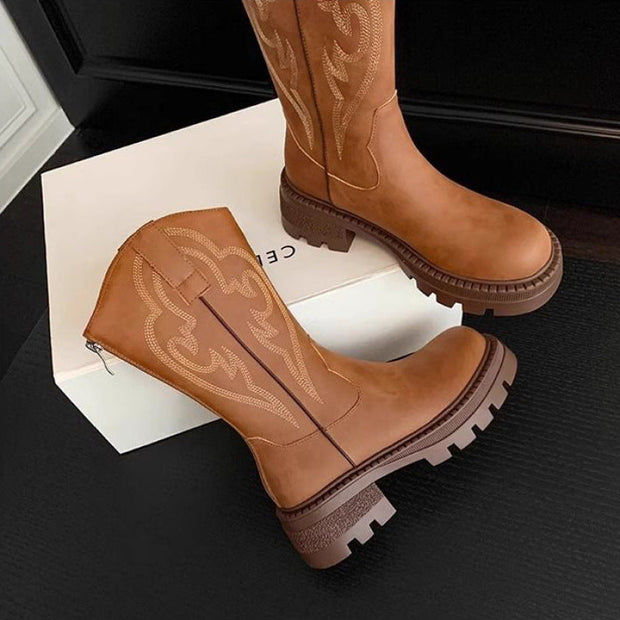 Retro weiche Lederstiefel mit dicker Sohle, vielseitig, mittelhoch im modernen Stil