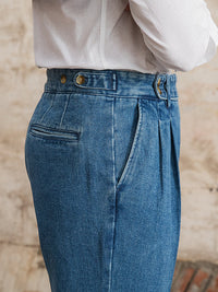 Hose aus Denim mit doppelten Bundfalten und geradem Schnitt