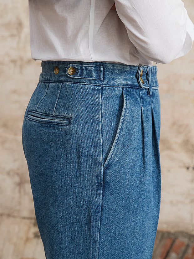 Hose aus Denim mit doppelten Bundfalten und geradem Schnitt