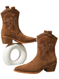 Retro bestickte Stiefel mit Blockabsatz, runder Spitze und knöchelhohem Schaft im modernen Stil