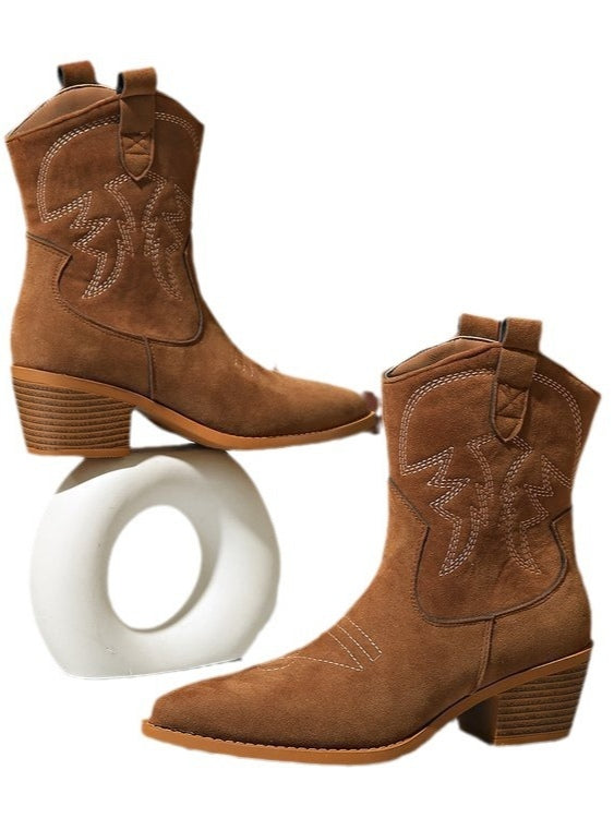 Retro bestickte Stiefel mit Blockabsatz, runder Spitze und knöchelhohem Schaft im modernen Stil