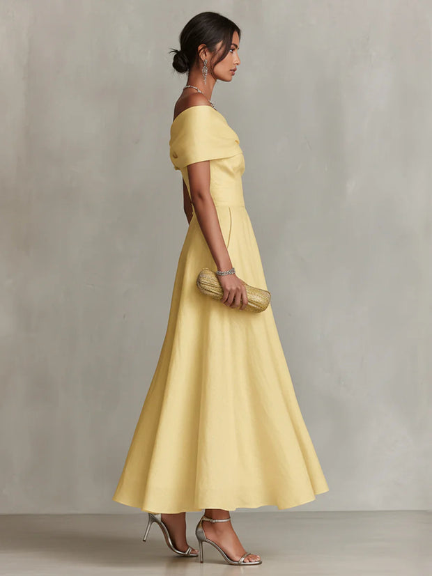 Gelbes Leinen-Maxikleid mit einer Schulter