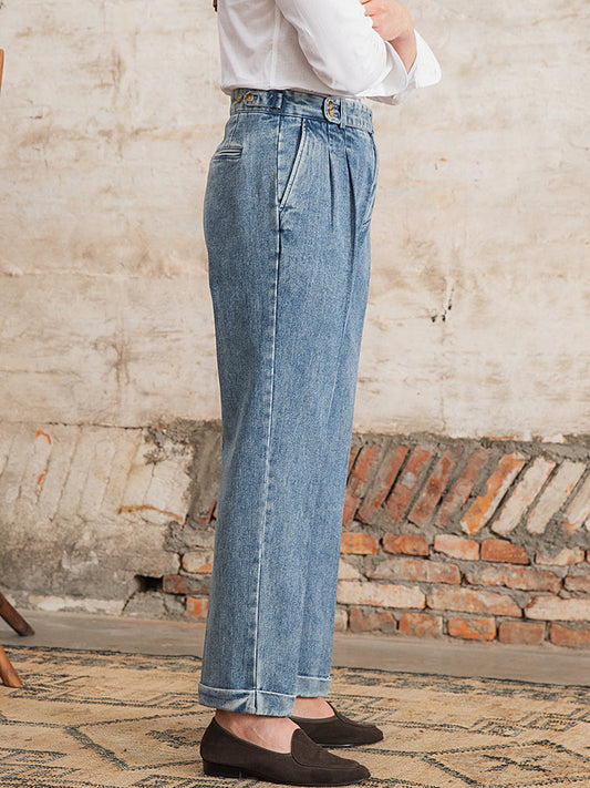Hose aus Denim mit doppelten Bundfalten und geradem Schnitt