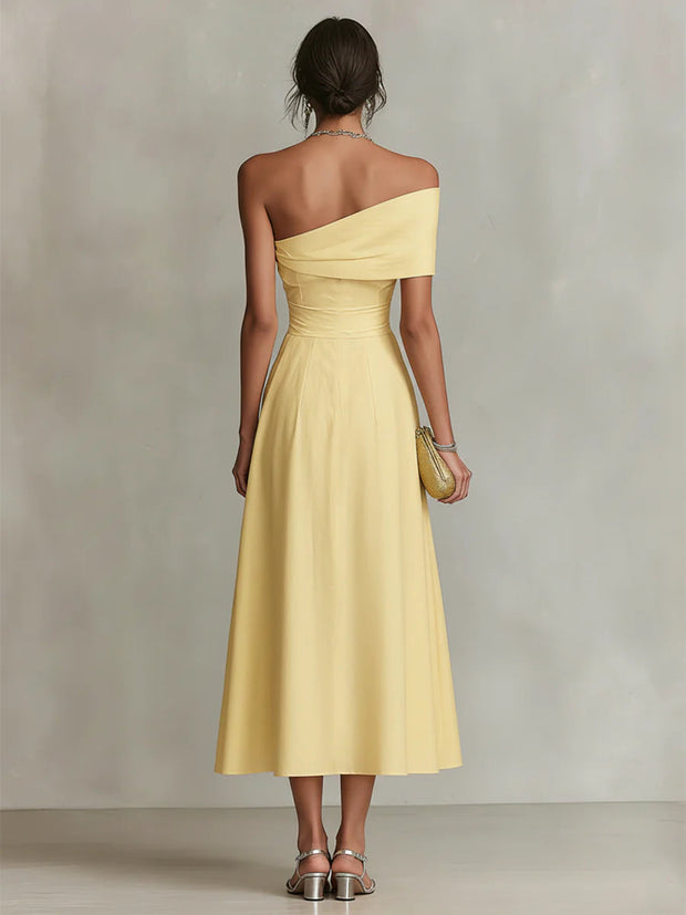 Gelbes Leinen-Maxikleid mit einer Schulter