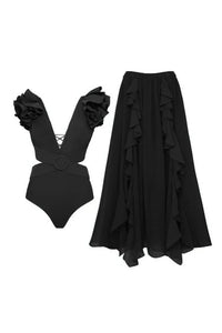 3D-Blumen-Schulterdetail Hohles Schwarzes Set im modernen Stil