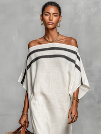 Minimalistisches Maxikleid aus Leinenmischung mit Carmenausschnitt und Fledermausärmeln