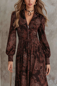 Braunes Paisley-Muster Langes Kleid mit Reißverschluss und Taillengürtel