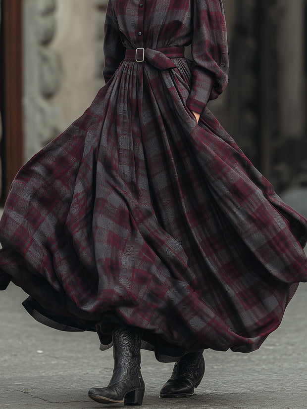 Retro elegantes Langes Kleid mit Karo-Muster, Laternenärmeln und Gürtel