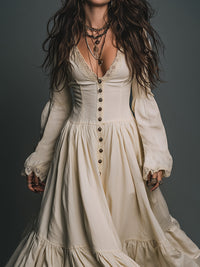 Elegantes Vintage-Spitzenkleid mit einreihiger Knopfleiste aus Baumwolle, Maxi-Länge im modernen Stil