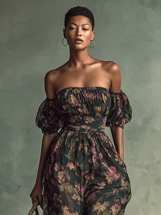Chiffon Overall mit Blumenmuster, Bandeau, kurzen Ärmeln und Taillenschnitt