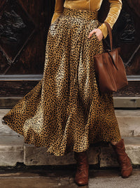 Vintage Gold Samt V-Ausschnitt Langarmshirt mit Leopardenmuster und Rock mit Tasche Set im modernen Stil