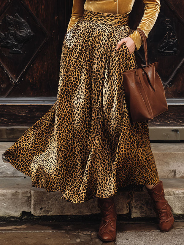 Vintage Gold Samt V-Ausschnitt Langarmshirt mit Leopardenmuster und Rock mit Tasche Set im modernen Stil