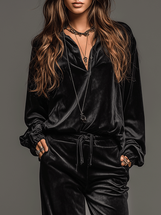 Klassisches, legeres schwarzes Samt-Hemd und Hose mit weitem Bein Set im modernen Stil
