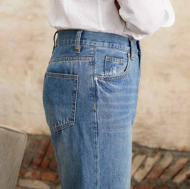 Hose aus Baumwolle und Denim mit geradem Schnitt und Bundfalten