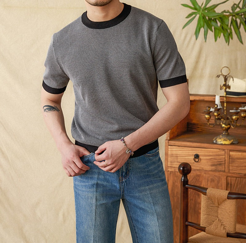 T-Shirt mit Wabenstruktur, Kontrastdetails und kurzen Ärmeln