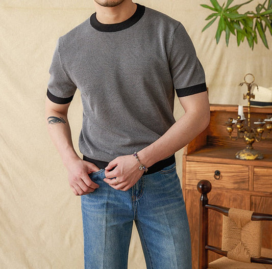 T-Shirt mit Wabenstruktur, Kontrastdetails und kurzen Ärmeln