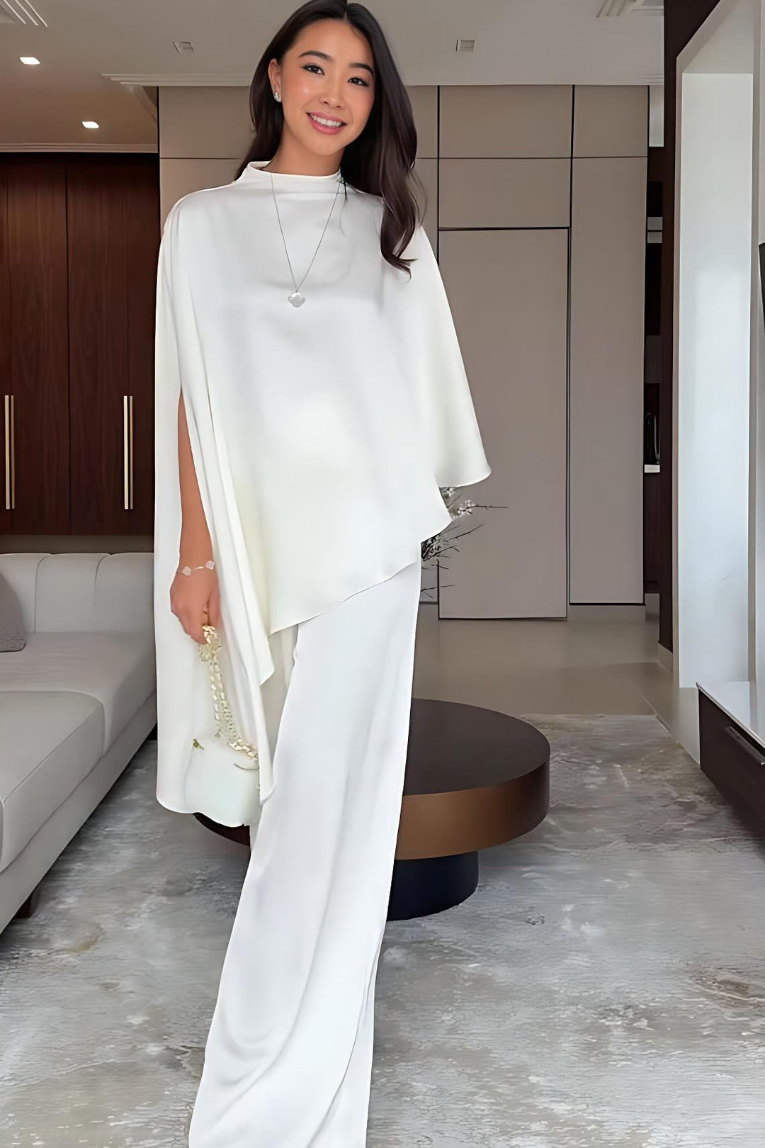 Cape-Ärmel Weitbein-Hosen-Set im modernen Stil