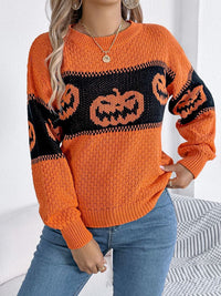 Halloween-Kürbiskopf-Farbblock-Strickpullover mit Rundhals