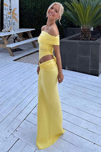 Maxikleid mit transparentem Netzstoff und schulterfreiem Schnitt