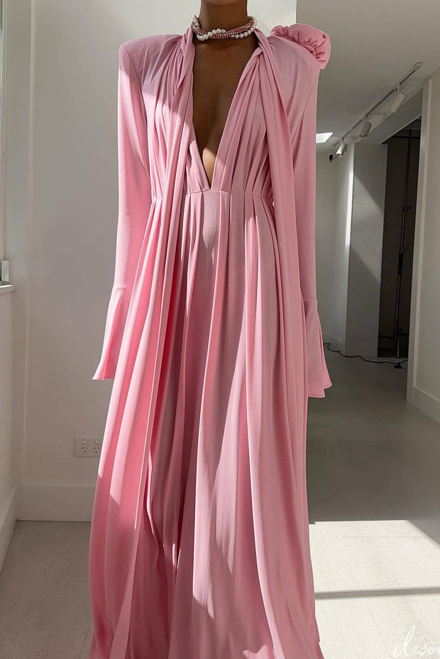 Luxuriöses Vintage Langes Kleid mit Cut-Out, tiefem V-Ausschnitt, Neckholder und 3D-Blumenmuster