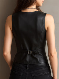 Schwarze Eco-Leder-Weste mit V-Neck und Taillierung von Sharp