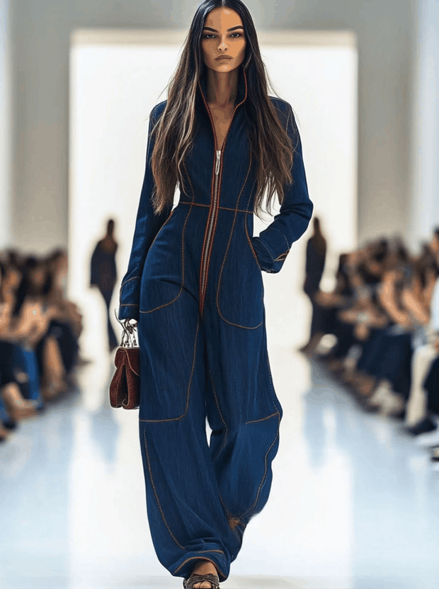 Lässiger weiter Retro-Jeans-Overall mit roten Ziernähten, weitem Bein und langen Ärmeln