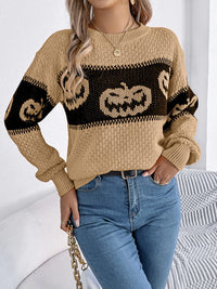 Halloween-Kürbiskopf-Farbblock-Strickpullover mit Rundhals