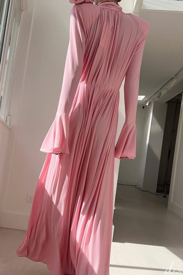 Luxuriöses Vintage Langes Kleid mit Cut-Out, tiefem V-Ausschnitt, Neckholder und 3D-Blumenmuster