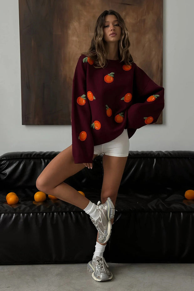 Mädchen Pullover aus orangefarbenem, floriertem Strick im modernen Stil