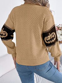 Halloween-Kürbiskopf-Farbblock-Strickpullover mit Rundhals