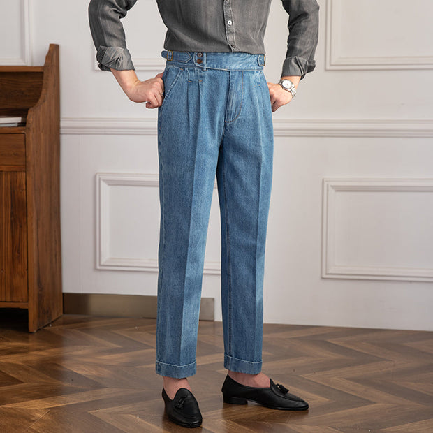 Hose aus Denim mit geradem Schnitt und Bundfalten im Vintage-Stil