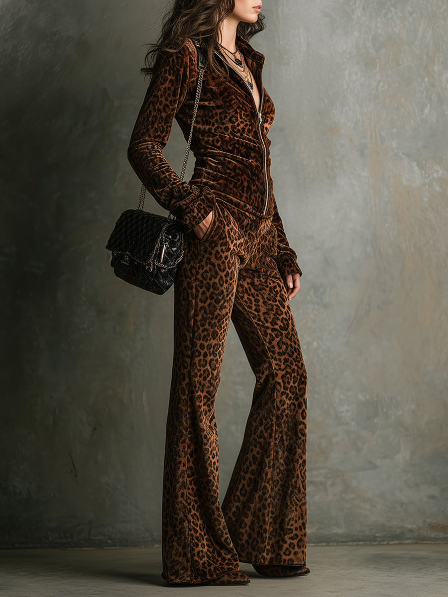 Vintage Samt Leopardenmuster Stehkragen Oberteil & Schlaghose Set im modernen Stil