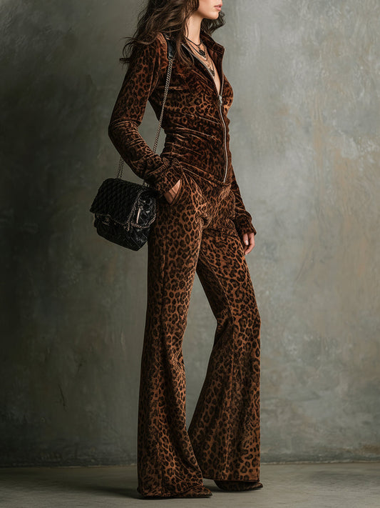 Vintage Samt Leopardenmuster Stehkragen Oberteil & Schlaghose Set im modernen Stil